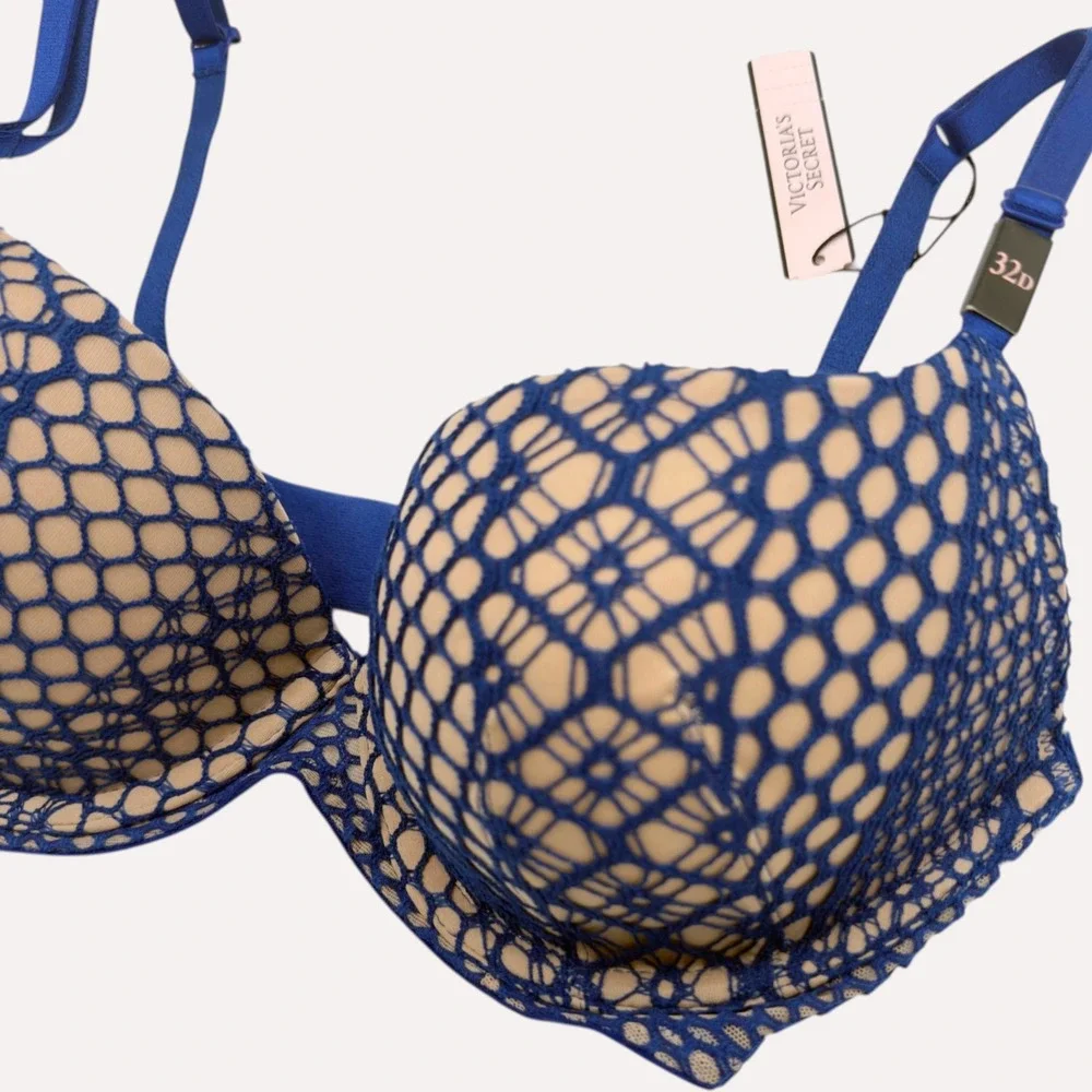Victoria's Secret Very Sexy Plunge Bra 32D Blue NWT Honeycomb‎ Lace Underwire